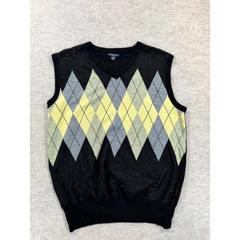 Sahara Club Sweater Vest Mens Medium Black Argyle Diamond Knitted Pullover
